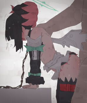 1boy 1girl bare_shoulders black_hair blush chain chain_leash clothed_female_nude_male clothed_sex clothes_pull colored_inner_hair dress halo hetero highres leaf leaning_on_object leash loli matutake_(matutake_yk0) multicolored_hair nangong_yu nude open_mouth pink_hair scar scar_on_back sex sex_from_behind standing standing_sex sweat twintails white_wings wings zenless_zone_zero