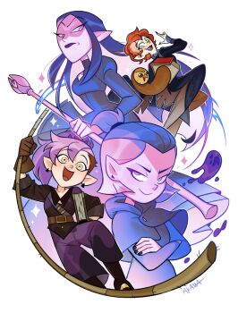 Rule 34 | :d, age comparison, akada, amity blight, artist name, black nails, blue hair, book, brown gloves, brown hair, commentary, crossed arms, earrings, elf, english commentary, glasses, gloves, happy, highres, holding, holding book, holding staff, holding whip, hootie the owl (hooters), jewelry, lilith clawthorne, long hair, long sleeves, looking at viewer, multicolored hair, multiple boys, multiple girls, official alternate hair color, official alternate hairstyle, open mouth, orange hair, pants, pink hair, pointy ears, ponytail, purple eyes, purple hair, red hair, rope, round eyewear, scar, scar across eye, scar on face, short hair, simple background, smile, smug, staff, the owl house, two-tone hair, whip, white background, yellow eyes