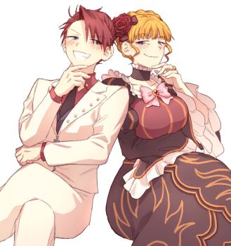 1boy 1girl beatrice_(umineko) black_dress black_necktie blonde_hair blue_eyes blush bow breasts buttons closed_mouth collared_shirt dress flower formal_clothes grin hair_flower hair_ornament highres hswoimuxk0pwr0h_(bbdan) invisible_chair large_breasts long_dress looking_at_another necktie pants pink_bow red_flower red_hair red_rose red_shirt rose shirt short_hair sidelocks simple_background sitting smile suit umineko_no_naku_koro_ni ushiromiya_battler white_background white_pants white_suit