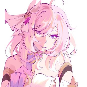 Rule 34 | 1girl, bare shoulders, breasts, cleavage, corset, diamond-shaped pupils, diamond (shape), elysia (herrscher of human: ego) (honkai impact), elysia (honkai impact), hashtag-only commentary, highres, honkai (series), honkai impact 3rd, ic0n aik0, large breasts, long hair, looking at viewer, parted lips, pink hair, purple eyes, simple background, solo, symbol-shaped pupils, triquetra, upper body, white background, white corset