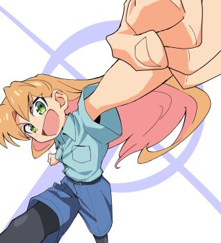 1girl :d belt black_belt blonde_hair blue_shirt blue_shorts breast_pocket clenched_hand collared_shirt commentary dress_shirt excited green_eyes highres leggings_under_shorts long_hair open_mouth perspective pocket ruri_no_houseki rurio85 shirt shirt_tucked_in shorts smile solo tanigawa_ruri