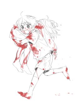 1boy 1girl @_@ blood blood_on_clothes blood_on_face blood_on_hands breasts carrying carrying_person crying full_body highres long_sleeves looking_to_the_side medium_breasts open_mouth original partially_colored running shirt short_hair short_sleeves shorts simple_background sketch socks sweater sweater_vest tearing_up unholymilk white_background