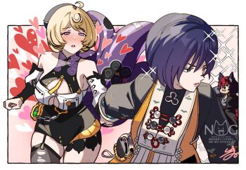 1boy 2girls :3 belle_(delicate_sunlight)_(zenless_zone_zero) belle_(zenless_zone_zero) beret bishie_sparkle black_hair blonde_hair blue_hair blush cd_player hat heart heart-shaped_pupils highres holding_hands isuka multiple_girls purple_eyes red_hair short_hair single_thighhigh symbol-shaped_pupils tentacle_tail tentacles thighhighs yidhari_murphy yuri zenless_zone_zero