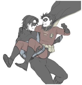 2boys batman_(series) belt black_hair bodysuit brothers cape dc_comics dick_grayson domino_mask eye_mask family flat_color gloves male_focus mask multiple_boys nightwing robin_(dc) siblings simple_background tim_drake