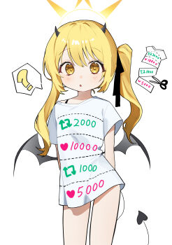 1girl :o ? absurdres alternate_costume arms_behind_back black_ribbon blonde_hair blue_archive blush curious demon_girl demon_horns demon_tail demon_wings hair_ribbon halo highres horns ibuki_(blue_archive) like_and_retweet loli long_hair looking_at_viewer ribbon shirt side_ponytail solo spoken_question_mark standing syuerito_99 tail twitter_cutting_game white_shirt wings yellow_eyes yellow_halo
