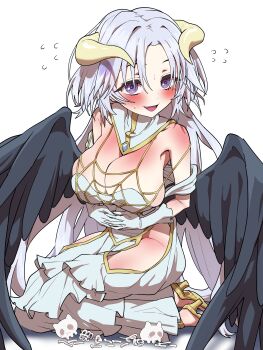 +_+ 1girl absurdres albedo_(overlord) albedo_(overlord)_(cosplay) alternate_breast_size alternate_hairstyle ayatsuno_yuni bare_shoulders black_wings blush bone breasts clothing_cutout collar cosplay dress feathered_wings flying_sweatdrops gloves high_heels highres hip_vent horns interlocked_fingers kneeling large_breasts long_hair looking_at_viewer low_wings open_mouth overlord_(maruyama) own_hands_together parted_bangs purple_eyes shoes sigyongtoggi skull smile solo stellive very_long_hair virtual_youtuber white_collar white_dress white_gloves white_hair wings yellow_horns yellow_shoes