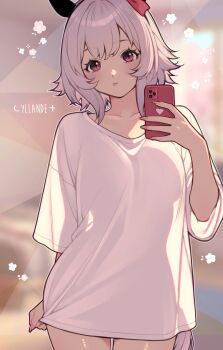 1girl absurdres animal_ears artist_name cellphone closed_mouth collarbone commentary curren_chan_(umamusume) ear_covers english_commentary highres holding holding_phone horse_ears horse_girl horse_tail long_sleeves looking_at_viewer phone pout red_eyes shirt short_hair solo tail umamusume white_hair white_shirt yiiande