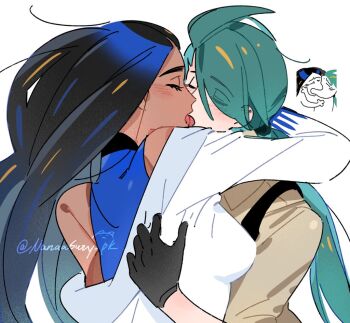 2girls black_gloves black_hair blue_shirt brown_shirt closed_eyes coat dark-skinned_female dark_skin ear_piercing french_kiss geeta_(pokemon) gloves green_hair kiss long_hair meme multiple_girls nanaasuzy nintendo piercing pokemon pokemon_scarlet_and_violet rika_(pokemon) shirt simple_background sleeveless sleeveless_shirt tongue tongue_out white_background white_coat yoshi_and_toad_kissing_(meme) yuri