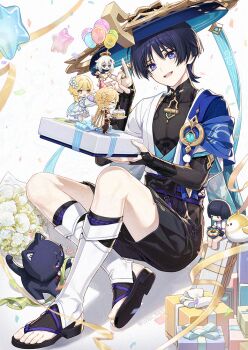 1boy aether_(genshin_impact) anemo_symbol_(genshin_impact) animal_print animalization aqua_gem armor balloon belt bird bird_print black_belt black_bodysuit black_bow black_bridal_gauntlets black_cat black_hair black_sandals black_shorts blue_cape blue_kimono blue_pupils blue_ribbon blue_sleeves blunt_ends bodysuit bouquet bow box bridal_gauntlets bridal_legwear cape cat character_doll clothing_cutout commentary_request confetti covered_collarbone crossed_legs doll feathers finch fingernails flower full_body furisode gem genshin_impact gesture_request gift gift_box gold gold_ring hakama hakama_shorts hands_up hip_vent holding holding_gift japanese_armor japanese_clothes juban kimono kote kurokote layered_sleeves leg_warmers looking_at_object lumine_(genshin_impact) mandarin_collar middle_ring open_clothes open_kimono open_mouth paimon_(genshin_impact) person_and_animalization pleated_shorts pom_pom_(clothes) puff_of_air purple_eyes purple_rope purple_sash ribbon rope sandals sash scaramouche_(cat)_(genshin_impact) scaramouche_(genshin_impact) shimi_chazuke_(genshin_impact) short_sleeves shorts shoulder_peek sitting star_(symbol) star_balloon stirrup_legwear sylpi teeth toeless_legwear toenails toes tsurime twitter_username upper_teeth_only vision_(genshin_impact) wanderer_(genshin_impact) white_background white_flower white_kimono white_leg_warmers white_ribbon white_sleeves white_trim wispy_bangs yellow_feathers yellow_ribbon zouri