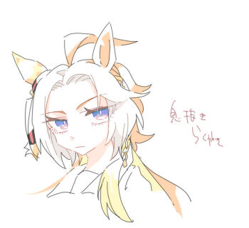 1girl ahoge animal_ears beer_hsk blonde_hair blue_eyes brown_hair closed_mouth cropped_shoulders forehead horse_ears multicolored_hair orfevre_(umamusume) parted_bangs puffy_sleeves shirt simple_background solo translation_request two-tone_hair umamusume white_background white_hair