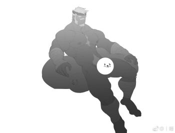 1boy :3 bandaged_leg bandages bandaid bandaid_on_face bandaid_on_nose bara bear_boy ben_(rollingstonex6) between_pectorals blue_headband calves censored character_censor completely_nude expressionless facial_hair forked_eyebrows from_above full_body goatee greyscale headband highres large_pectorals looking_ahead male_focus male_pubic_hair mature_male monochrome muscular muscular_male mutton_chops novelty_censor nude original pectorals pubic_hair rollingstonex6 short_hair sitting solo sparse_chest_hair thick_eyebrows white_hair