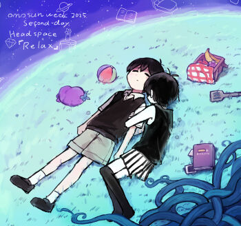 Rule 34 | 2boys, antenna hair, apple, banana, black hair, black shoes, black socks, black sweater vest, black tank top, book, brown shorts, closed eyes, closed mouth, collared shirt, colored skin, commentary request, double-parted bangs, dual persona, english text, food, fruit, grapes, grass, hair between eyes, highres, kneehighs, looking at viewer, lying, male focus, mr. plantegg (omori), multiple boys, okudo (okudo61), omori, omori (omori), on back, on side, picnic basket, purple sky, scrapbook, shirt, shoes, short hair, short sleeves, shorts, sky, socks, spatula, striped clothes, striped shorts, stuffed eggplant, stuffed toy, sunny (omori), sweater vest, tank top, vertical-striped clothes, vertical-striped shorts, white shirt, white shorts, white skin, white socks