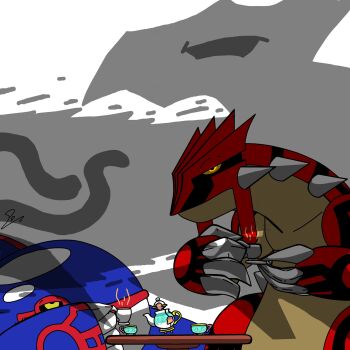 angry cup deoxys disgust dragon gen_3_pokemon gen_8_pokemon groudon highres kyogre legendary_pokemon looking_at_another mythical_pokemon nintendo no_humans open_mouth paulbagnot pokemon pokemon_(creature) polteageist rayquaza riding shaded_face sharp_teeth silhouette sinistea tail teacup teapot teeth tentacles yellow_eyes