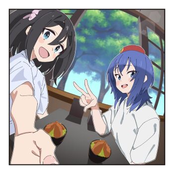2girls amamiya_satsuki_(mono) beret black_hair blue_eyes blue_hair blush_stickers crossover hat highres katsudon_(food) medium_hair mono_(afro) multiple_girls noyama_takenoko one_side_up season_connection selfie suzugamori_chika trait_connection v window zatsu_tabi