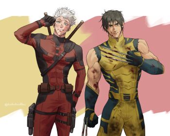 2boys black_hair blood blood_on_clothes blood_on_face blue_eyes bodysuit claw_(weapon) cosplay deadpool deadpool_&amp;_wolverine deadpool_(movie) deadpool_(series) fushiguro_touji gloves gojou_satoru highres jujutsu_kaisen male_focus marvel marvel multiple_boys red_bodysuit short_hair superhero_costume tododoodles weapon white_hair wolverine_(x-men) wolverine_(x-men)_(cosplay) x-men x-men_film_series yellow_bodysuit