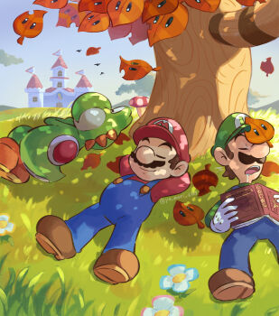 2boys absurdres arms_behind_head arms_up artist_name bird blue_overalls blue_pants blue_sky book brothers brown_hair brown_shoes buttons castle closed_eyes cloud drooling facial_hair flower full_body gloves grass green_hat green_shirt hat highres holding holding_book leaf long_sleeves luigi lying male_focus mario mario_(series) multiple_boys mushroom mustache newsboy_cap nintendo on_back on_grass on_side open_mouth outdoors overalls pants princess_peach&#039;s_castle red_hat red_shirt relaxing shade shadow shirt shoes short_hair siblings sky sleeping super_leaf super_mario_3d_land teeth tree twitter_username under_tree white_flower white_gloves yamari_(ya_mari_6363) yoshi