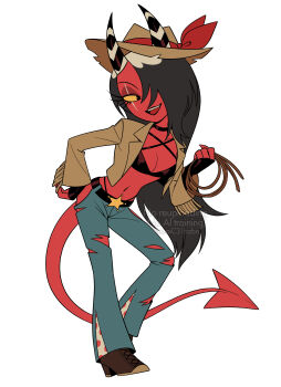 1girl :d absurdres belt bikini black_belt black_bikini black_choker black_eyes black_gloves black_hair black_horns blue_pants boots bow brown_boots brown_hat brown_jacket choker collared_jacket colored_sclera colored_skin commentary_request cowboy_hat criss-cross_halter demon_girl demon_horns demon_tail denim eyeshadow fewer_digits fingerless_gloves full_body gloves hair_over_one_eye halterneck hand_on_own_hip hat hat_bow hellaverse helluva_boss high_heel_boots high_heels highres holding holding_rope horns jacket jeans knees_apart_feet_together lace-up_boots lapels leaning_forward long_hair long_sleeves looking_at_viewer makeup menma_(enaic31) multicolored_hair multicolored_horns navel notched_lapels one_eye_covered open_clothes open_jacket open_mouth pants red_bow red_eyeshadow red_skin red_tail roots_(hair) rope sallie_may_(helluva_boss) simple_background smile solo standing star_(symbol) stomach striped_horns swimsuit tail teeth tongue torn_clothes torn_jeans torn_pants twitter_username two-tone_hair two-tone_horns upper_teeth_only very_long_hair watermark white_background white_hair white_horns yellow_sclera