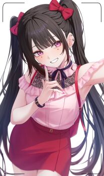 1girl alternate_costume armpits black_hair bracelet breasts casual clenched_teeth commentary_request finger_to_own_chin honkai:_star_rail honkai_(series) jewelry looking_at_viewer mark_under_both_eyes medium_breasts pencil_skirt pink_shirt purple_eyes red_skirt sakuno_(sksk_sakuno) shirt skirt sleeveless sleeveless_shirt solo sparkle_(honkai:_star_rail) teeth twintails white_background