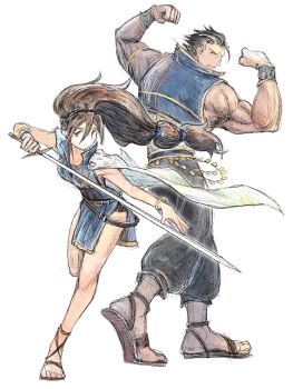 1boy 1girl brown_sandals cape closed_mouth commentary_request flexing gladiator_sandals hair_between_eyes highres holding holding_sword holding_weapon long_hair looking_at_viewer mature_male multi-tied_hair muscular muscular_male octopath_traveler octopath_traveler_i official_alternate_costume olberic_eisenberg primrose_azelhart qqqqqli sandals simple_background smile standing sword toes weapon white_background white_cape