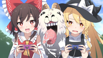 2girls ascot black_vest blonde_hair blue_sky blush bow braid bright_pupils brown_hair commentary_request controller day detached_sleeves drooling e.o. frilled_bow frilled_hair_tubes frills game_controller goat hair_bow hair_tubes hakurei_reimu hat hat_bow highres holding holding_controller holding_game_controller horns kirisame_marisa long_hair looking_at_viewer multiple_girls open_mouth red_bow red_eyes red_skirt ribbon-trimmed_sleeves ribbon_trim saliva side_braid single_braid skirt skirt_set sky smile sweatdrop tongue tongue_out touhou vest white_bow white_pupils witch_hat yellow_ascot yellow_eyes