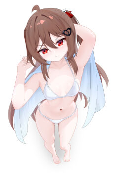 1girl absurdres arm_up armpits bikini breasts broken_heart broken_heart_hair_ornament brown_hair closed_mouth commentary dcmec evil_neuro-sama from_above hair_between_eyes hand_up heart highres looking_at_viewer neuro-sama simple_background small_breasts solo standing swimsuit towel vedal_ai virtual_youtuber white_background white_bikini