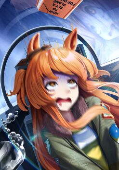 1girl absurdres aircraft airplane animal_ears bomber_jacket book commentary_request drooling fighter_jet green_jacket green_shirt highres horse_ears horse_girl jacket long_hair manjo_(warito) mayano_top_gun_(scramble_zone)_(umamusume) mayano_top_gun_(umamusume) meme military_vehicle mouth_drool nausea open_mouth orange_eyes orange_hair reflection shirt solo two_side_up umamusume