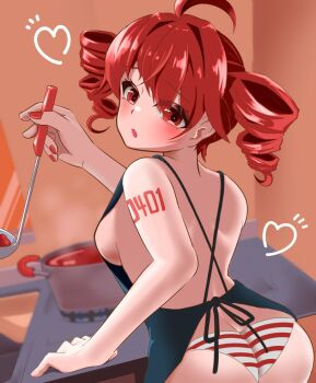 Rule 34 | 1girl, ahoge, apron, arm tattoo, ass, back, bamboo rindou, blue apron, blush, breasts, butt crack, cooking, cooking pot, drill hair, from behind, hair tubes, heart, holding, holding ladle, kasane teto, kitchen, ladle, looking back, medium breasts, naked apron, nearly naked apron, number tattoo, open mouth, panties, red eyes, red hair, red nails, short hair, sideboob, solo, standing, stove, striped clothes, striped panties, tattoo, twin drills, underwear, utau, vocaloid