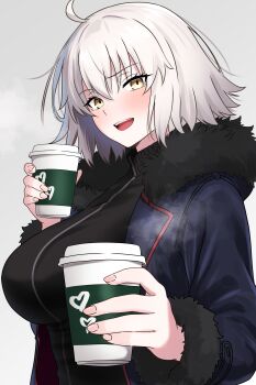 1girl absurdres adapted_costume ahoge bamboo_tac black_sweater blue_coat blush breasts coat cup disposable_coffee_cup disposable_cup fate/grand_order fate_(series) fur-trimmed_coat fur_trim grey_hair highres jeanne_d&#039;arc_alter_(avenger)_(fate) jeanne_d&#039;arc_alter_(fate) jeanne_d&#039;arc_alter_(ver._shinjuku_1999)_(fate) large_breasts long_sleeves looking_at_viewer open_clothes open_coat open_mouth short_hair smile solo sweater yellow_eyes