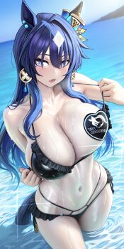 Rule 34 | 1girl, absurdres, alternate costume, animal ears, asdkd123, bare shoulders, bikini, black bikini, blue hair, blue sky, breasts, cleavage, collarbone, commentary request, day, ear covers, ears through headwear, hair between eyes, heart pasties, highres, horse ears, horse girl, horse tail, large breasts, long hair, multicolored hair, navel, ocean, outdoors, pasties, purple eyes, revision, single ear cover, sky, solo, stomach, streaked hair, swimsuit, tail, umamusume, verxina (umamusume), very long hair, wading, water, white hair