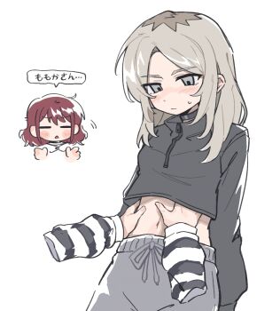 2girls alternate_hairstyle black_jacket blush closed_eyes closed_mouth girls_band_cry grey_eyes grey_hair grey_pants hair_down hands_on_another&#039;s_stomach highres iseri_nina jacket kawaragi_momoka long_hair multicolored_hair multiple_girls open_mouth pants red_hair roots_(hair) shirt simple_background striped_clothes striped_shirt sweatdrop sweatpants translated tutai white_background yuri