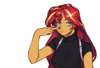 Rule 34 | 1girl, 3:, aqua eyes, arm at side, bare arms, black shirt, blonde hair, breasts, closed mouth, commentary request, double-parted bangs, expressionless, hair between eyes, hand up, highres, ikirunosindo, jitome, lips, long hair, looking at viewer, lower eyelashes only, medium breasts, multicolored hair, my little pony, my little pony: equestria girls, my little pony: friendship is magic, nail polish, purple nails, red hair, shirt, short sleeves, simple background, solo, streaked hair, sunset shimmer, sunset shimmer (human), thick eyebrows, turtleneck, turtleneck shirt, two-tone hair, upper body, v, very long hair, white background