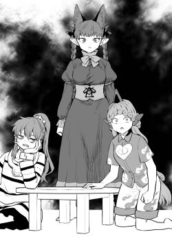 3girls :&lt; absurdres animal_ear_fluff animal_ears arms_at_sides barefoot black_background bow bowtie braid cat_ears cat_girl clenched_hands cloud_print collared_shirt commentary_request constricted_pupils corset cross-laced_clothes cross-laced_corset cuffs curly_hair dark_background dot_nose dress elbow_on_table fang feet_out_of_frame frilled_sleeves frills full_body fuuzasa greyscale hair_between_eyes hair_bow hair_tubes hand_on_table head_rest heart heart_print high_collar high_ponytail highres horns indian_style jealous jitome juliet_sleeves kaenbyou_rin kariyushi_shirt kneeling komainu_ears komainu_girl komano_aunn leaning_on_table long_dress long_hair long_sleeves looking_at_viewer looking_to_the_side miyadeguchi_mizuchi monochrome multiple_girls multiple_hair_bows nervous on_floor open_mouth pointy_ears ponytail prison_clothes puffy_sleeves shackles sharp_teeth shirt short_sleeves shorts single_hair_tube single_horn sitting skirt skirt_set sleeve_cuffs slit_pupils standing striped_clothes striped_shirt striped_skirt sweatdrop table teeth touhou tsurime twin_braids two-tone_background white_background wide-eyed