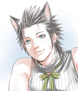 1boy animal_ears bare_shoulders black_hair blue_eyes christmas christmas_ornaments closed_mouth commentary crisis_core:_final_fantasy_vii cross_scar crylin6 dog_ears earrings english_commentary extra_ears facial_scar final_fantasy final_fantasy_vii gradient_background green_ribbon highres holly jewelry light_blush lips looking_at_viewer male_focus neck_ribbon ribbon scar scar_on_cheek scar_on_face short_hair sleeveless sleeveless_turtleneck smile solo spiked_hair stud_earrings sweater turtleneck turtleneck_sweater upper_body zack_fair