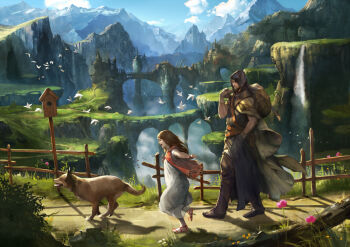 1boy 1girl animal bad_id bad_pixiv_id bag belt bird birdhouse bridge brown_hair building cape carrying carrying_over_shoulder child city cliff cloud day dog dress closed_eyes fantasy fence flower flying futari_to_ippiki_no_tabi hage2013 hand_in_pocket hood landscape long_hair looking_at_another mountain nature open_mouth original outdoors outstretched_arms path profile road running sandals scenery sky strap walking water waterfall