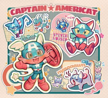 Rule 34 | 1boy, :d, animalization, aqua bow, aqua bowtie, boots, bow, bowtie, captain america, captain america (series), cat, cat boy, cat tail, character name, colored sclera, commentary, english commentary, fangs, fish, flower, grey eyes, grey fur, heart, highres, holding, holding shield, marvel, mixed-language text, multiple persona, nokoyasai, official alternate design, open mouth, red boots, red fur, shield, sitting, smile, solo, superhero costume, tail, tears, translation request, whiskers, winged headwear, yarn, yarn ball, yellow sclera