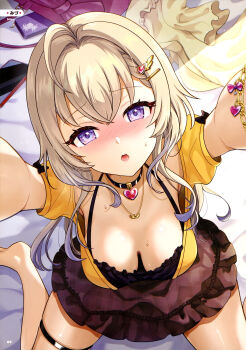 1girl absurdres ahoge armpit_crease arms_up artist_name barefoot black_choker blonde_hair blush breasts choker cleavage collarbone colored_tips dengeki_moeoh from_above hair_ornament hairpin heart_pendant highres jewelry kneeling kudoukudokudo large_breasts light_rays long_hair looking_at_viewer looking_up magazine_scan miniskirt multicolored_hair necklace nose_blush on_bed open_mouth original page_number pendant_choker purple_eyes red_skirt saliva scan shiny_skin shirt short_sleeves sidelocks skirt solo sunbeam sunlight sweat thigh_strap third-party_source underwear yellow_shirt