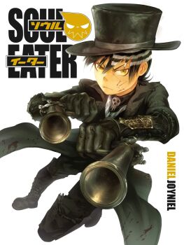 1boy artist_name black_boots black_coat black_hair black_hat black_pants blood blood_on_face bloodborne boots coat copyright_name cosplay danieljoyniel death_the_kid dual_wielding fighting_stance frown furrowed_brow gun handgun hat highres holding holding_gun holding_weapon hunter_(bloodborne) hunter_(bloodborne)_(cosplay) male_focus pants skull_ornament solo soul_eater striped_hair top_hat weapon white_background white_hair yellow_eyes