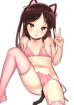 1girl :3 animal_ear_legwear animal_ears bare_arms bell belly bikini black_choker breasts brown_eyes brown_hair cameltoe cat_ear_legwear cat_ear_panties cat_ear_thighhighs cat_ears cat_tail cat_thighhighs choker fake_animal_ears female_focus flat_chest half-closed_eyes hand_up heart heart-shaped_pupils highres idolmaster idolmaster_cinderella_girls leg_up loli long_hair micro_bikini navel neck_bell nipple_slip nipples nora_neko_(fjya7473) open_mouth panties parted_bangs pink_bikini pink_thighhighs sidelocks simple_background sitting small_breasts solo swimsuit symbol-shaped_pupils tachibana_arisu tail thighhighs twintails underwear v white_background
