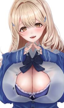 Rule 34 | 1girl, 403 oekaki suke, :d, absurdres, belt pouch, blonde hair, blue bow, blue bowtie, blue jacket, blush, bow, bowtie, breasts, brown eyes, claw ring, cleavage, collared shirt, fingers together, goddess of victory: nikke, hair ornament, highres, huge breasts, jacket, jewelry, long hair, long sleeves, looking at viewer, multiple rings, off-shoulder jacket, off shoulder, open mouth, partially unbuttoned, pouch, puffy sleeves, ring, shirt, simple background, sleeves past wrists, smile, solo, strap, tia (nikke), white background, white shirt