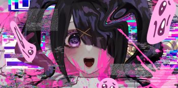 1girl ame-chan_(needy_girl_overdose) black_hair blood blunt_bangs commentary distortion emoji glitch hair_ornament highres long_hair looking_at_viewer mimamimuuu needy_girl_overdose open_mouth pink_blood pleading_face_emoji purple_eyes smile solo static twintails x_hair_ornament
