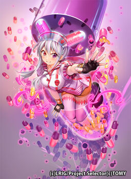 1girl black_gloves chachie closed_mouth copyright_notice drei_(wixoss) dress fingerless_gloves gloves grey_hair heterochromia looking_at_viewer medium_hair official_art orange_shorts pill purple_eyes purple_shoes red_eyes shoes shorts sidelocks thighhighs white_dress white_thighhighs wixoss