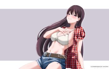 1girl bang_dream! bang_dream!_it&#039;s_mygo!!!!! bikini bikini_under_clothes black_hair blue_shorts breasts cleavage commentary commission english_commentary hand_on_own_chest highres jacket long_hair miyamu nail_polish navel open_clothes open_jacket open_mouth pink_nails plaid_clothes plaid_jacket purple_eyes red_jacket shiina_taki shorts solo stomach swimsuit vgen_commission white_background