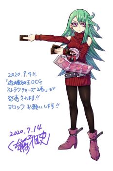 1girl bare_shoulders black_pantyhose breasts card commentary_request deck_of_cards detached_sleeves dress duel_disk earrings full_body green_hair high_heels highres holding holding_card jewelry looking_at_viewer medium_breasts mole mole_under_eye pantyhose purple_eyes red_dress red_sleeves red_sweater sato_masashi signature solo sweater sweater_dress trading_card translation_request yu-gi-oh! yu-gi-oh!_ocg_structures yusa_ageha