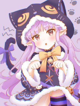 animal_ears animal_hood black_capelet black_jacket black_skirt blush bow brown_eyes capelet cat_ears cat_hood cat_tail hood hood_up hooded_capelet jacket kyoka_(princess_connect!) long_hair pointy_ears princess_connect! purple_hair skirt solo tail tail_bow tail_ornament thighhighs twintails very_long_hair yoi_(bo2ezn)
