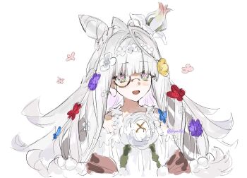 1girl commentary_request cone_hair_bun dress fate/grand_order fate_(series) flora_(fate) flower-shaped_pupils glasses green_eyes haa065 hair_bun highres looking_at_viewer open_mouth smile solo symbol-shaped_pupils twitter_username white_dress white_hair