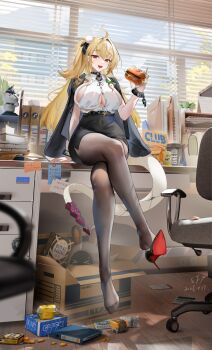 1girl absurdly_detailed_composition ahoge arm_support bangboo_(zenless_zone_zero) belt black_belt black_jacket black_pantyhose black_skirt blonde_hair blue_sky blurry book book_stack box breasts broken broken_chain broken_handcuffs building burger button_gap buttons calendar_(object) can cardboard_box chain chair chalky_(zenless_zone_zero) christian_louboutin_(brand) cissia_(zenless_zone_zero) cleavage cloud collared_shirt commentary_request covered_navel crossed_legs cup day depth_of_field desk disposable_coffee_cup disposable_cup drink_can electrical_outlet envelope eous_(zenless_zone_zero) folder food food_packaging full_body hair_between_eyes hair_intakes hair_ornament high_heels highres holding holding_burger holding_food indoors jacket jacket_on_shoulders large_breasts legs light_smile lightning_bolt_symbol loaded_interior long_hair looking_at_viewer louboutins messy_room miniskirt office on_desk one_side_up open_mouth pantyhose paper patent_heels pencil_skirt pumps red_eyes red_soles sabou_san-shitsu_kokoro shirt shirt_tucked_in shoe_dangle shoe_soles shoes sideboob sideless_shirt sidelocks single_shoe sitting skirt sky snake snake_girl snake_tail solo star_(symbol) sticky_note stiletto_heels swivel_chair tail teeth thighs upper_teeth_only very_long_hair white_shirt white_snake window window_blinds wooden_floor zenless_zone_zero