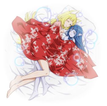 2girls animal_ear_fluff animal_ears anime_coloring arched_bangs bare_legs barefoot bed_sheet blonde_hair blue_hair blue_scales blue_skin breasts closed_eyes closed_mouth colored_skin cuddling danmachi_memoria_freese dragon_girl dungeon_ni_deai_wo_motomeru_no_wa_machigatteiru_darou_ka finger_to_mouth forehead_jewel fox_ears fox_girl fox_tail full_body game_cg gem green_eyes hand_up hands_up head_on_pillow index_finger_raised japanese_clothes kimono leaf_print long_hair looking_at_viewer low_ponytail lying maple_leaf_print medium_breasts monster_girl multiple_girls notched_ear official_alternate_costume official_art on_side one_eye_closed parted_lips pillow pointy_ears ponytail red_gemstone red_kimono sanjouno_haruhime scales shared_bed shared_blanket shared_pillow shushing sidelocks sleeping sleeping_together smile tail third-party_source under_covers wiene