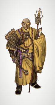 1boy armor arrow_(projectile) bald black_eyes black_shoes closed_mouth dou eyepatch highres holding holding_staff holding_weapon japanese_armor long_sleeves mace male_focus mossacannibalis original quiver sanpaku shoes shoulder_armor simple_background sode solo staff weapon white_background