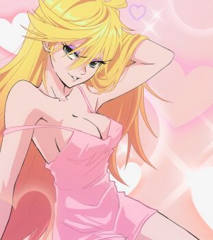 1girl angel armpits bare_shoulders blonde_hair breasts caos_elzyu cleavage dress eyelashes green_eyes heart heart_background highres legs long_hair looking_at_viewer medium_breasts multicolored_hair orange_hair panty_&amp;_stocking_with_garterbelt panty_(psg) pink_dress simple_background smile solo thighs two-tone_hair