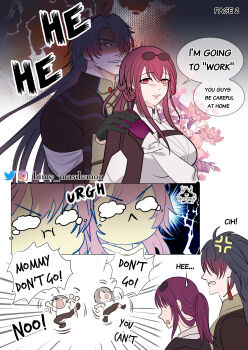 2boys 2girls absurdres age_difference anger_vein artist_name barabin black_hair blade_(honkai:_star_rail) caelus_(honkai:_star_rail) commentary english_commentary english_text eyewear_on_head grey_hair highres honkai:_star_rail honkai_(series) instagram_logo instagram_username kafka_(honkai:_star_rail) long_hair long_sleeves multiple_boys multiple_girls purple_eyes purple_hair red_eyes shirt speech_bubble stelle_(honkai:_star_rail) sunglasses trailblazer_(honkai:_star_rail) twitter_logo wavy_eyes